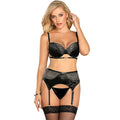 Subblime - 3-teiliges Set aus Spitzen-BH, Tanga und Strumpfhalter Schwarz S/M
