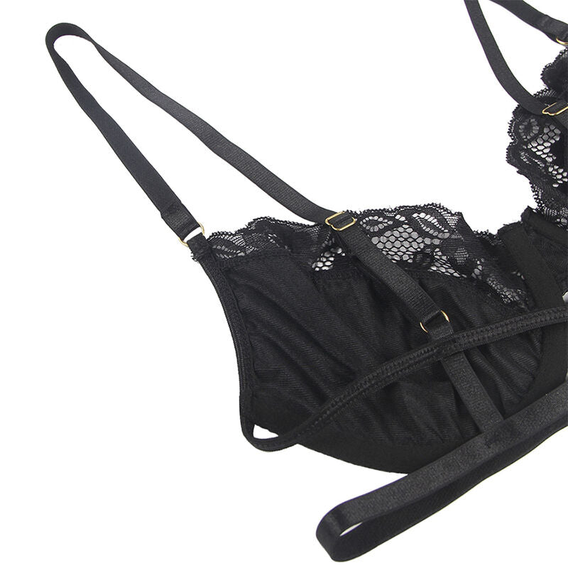 Subblime - 3-teiliges Set: BH + Tanga + Spitzen-Strumpfhalter Schwarz L/XL