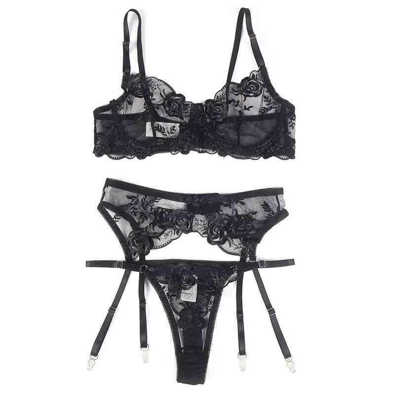 Subblime - Conjunto de 3 Peças Sutiã + Tanga + Liga Estampado Floral Preto S/M