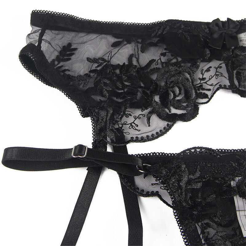 Subblime - Conjunto de 3 Peças Sutiã + Tanga + Liga Estampado Floral Preto S/M