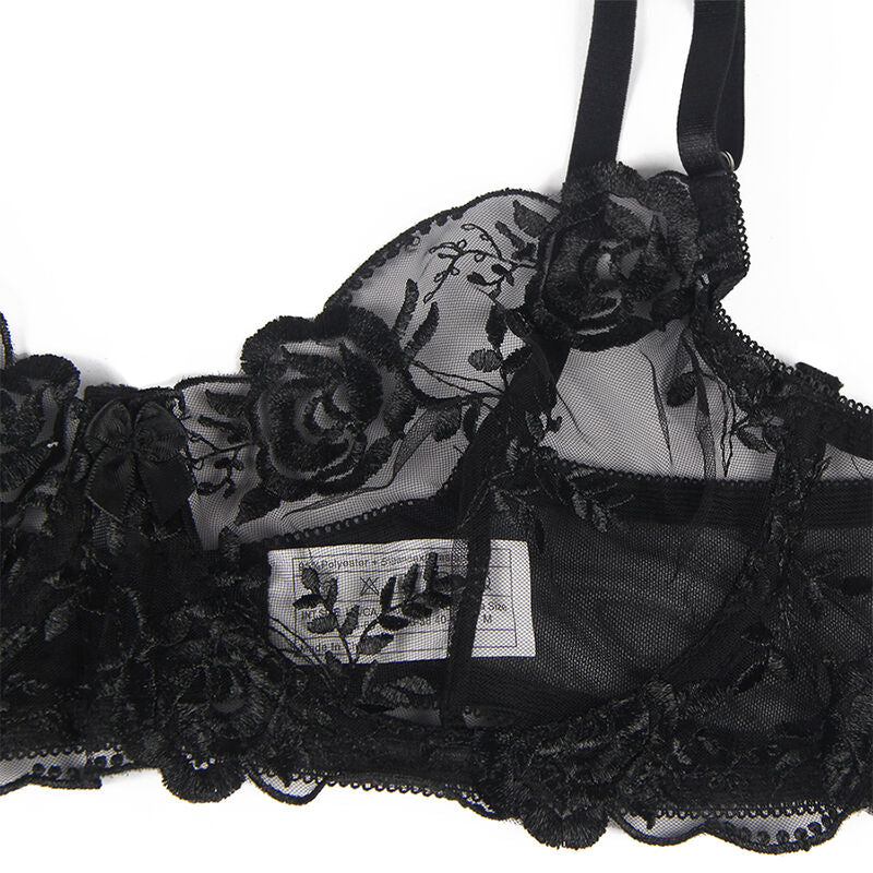 Subblime - Conjunto de 3 Peças Sutiã + Tanga + Liga Estampado Floral Preto S/M