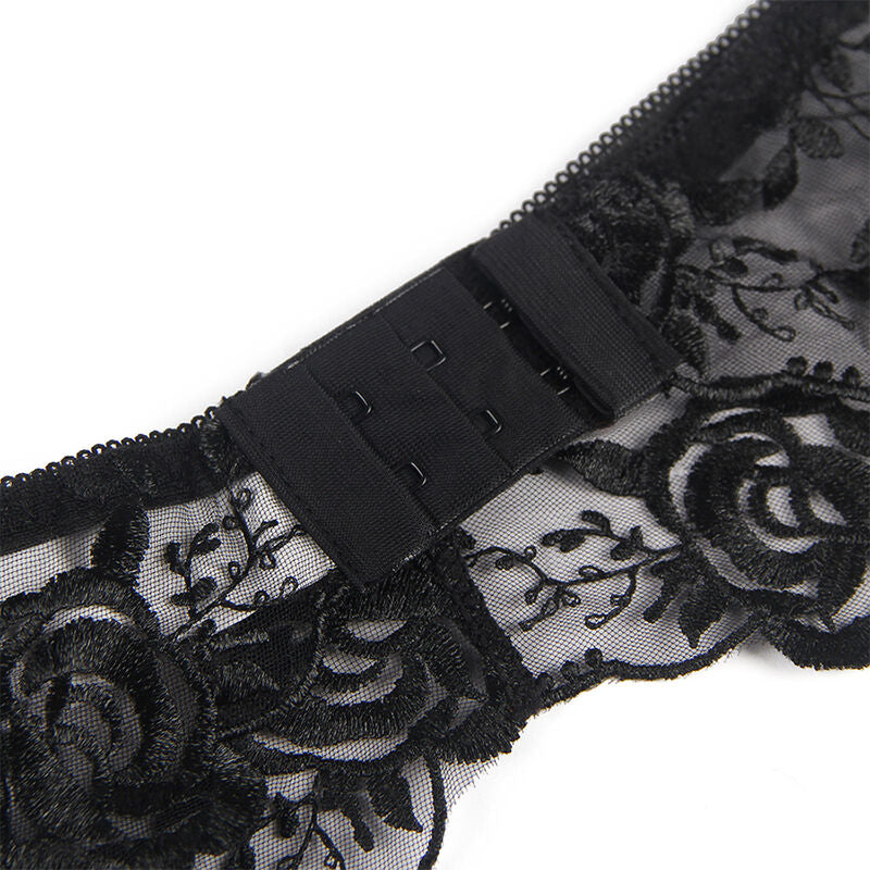 Subblime - Conjunto de 3 Peças Sutiã + Tanga + Liga Estampado Floral Preto L/XL