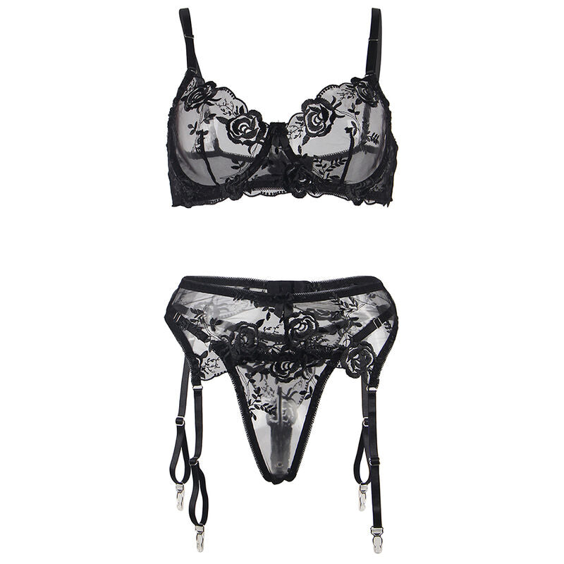 Subblime - Conjunto de 3 Peças Sutiã + Tanga + Liga Estampado Floral Preto L/XL