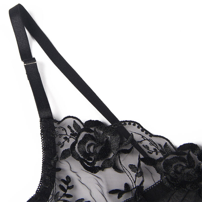 Subblime - Conjunto de 3 Peças Sutiã + Tanga + Liga Estampado Floral Preto L/XL
