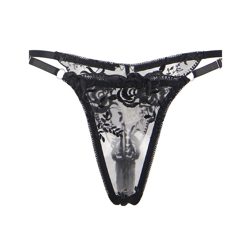 Subblime - Conjunto de 3 Peças Sutiã + Tanga + Liga Estampado Floral Preto L/XL