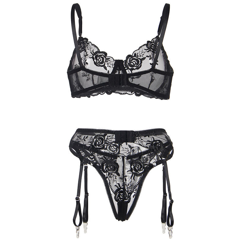 Subblime - Conjunto de 3 Peças Sutiã + Tanga + Liga Estampado Floral Preto L/XL