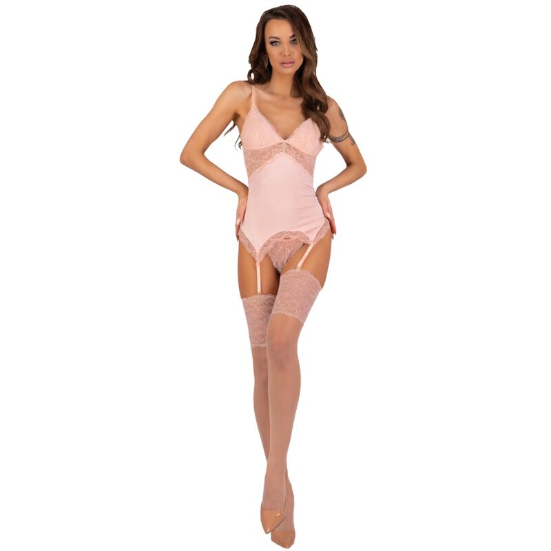 Livco Corsetti Fashion - Conjunto Persinne Pêssego Corset + Calcinha + Meias