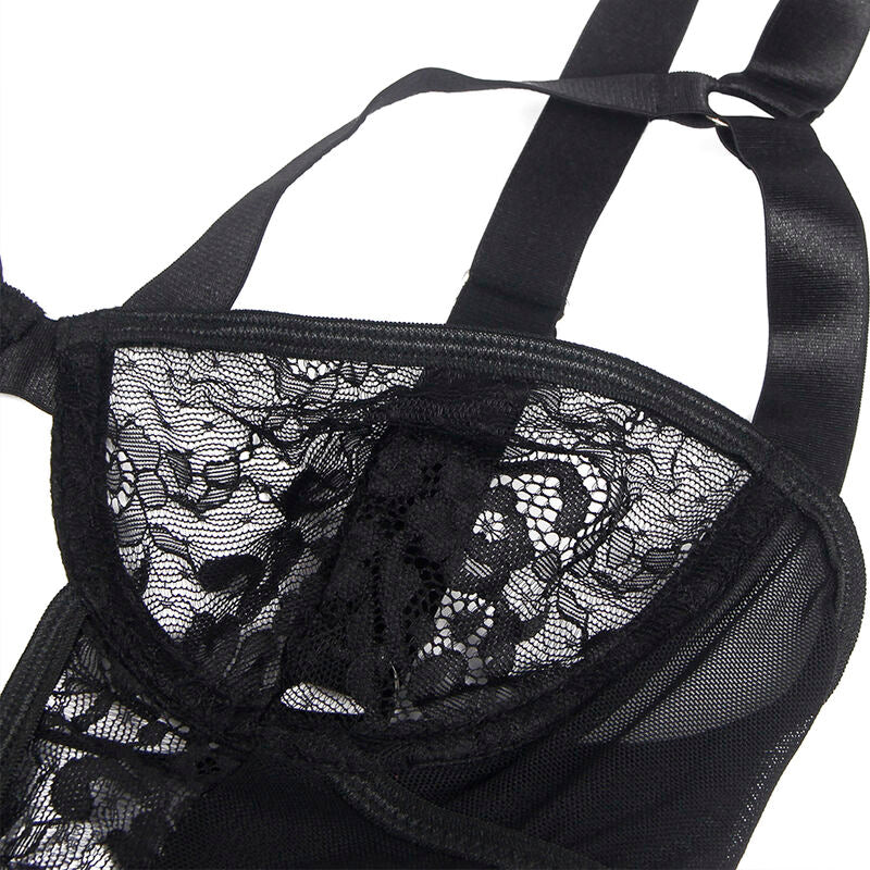 Subblime - Teddy mit Strumpfhalter, Spitzendetails und Riemen, Schwarz S/M