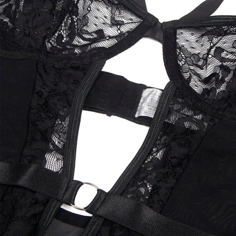 Subblime - Teddy mit Strumpfhalter, Spitzendetails und Riemen, Schwarz S/M