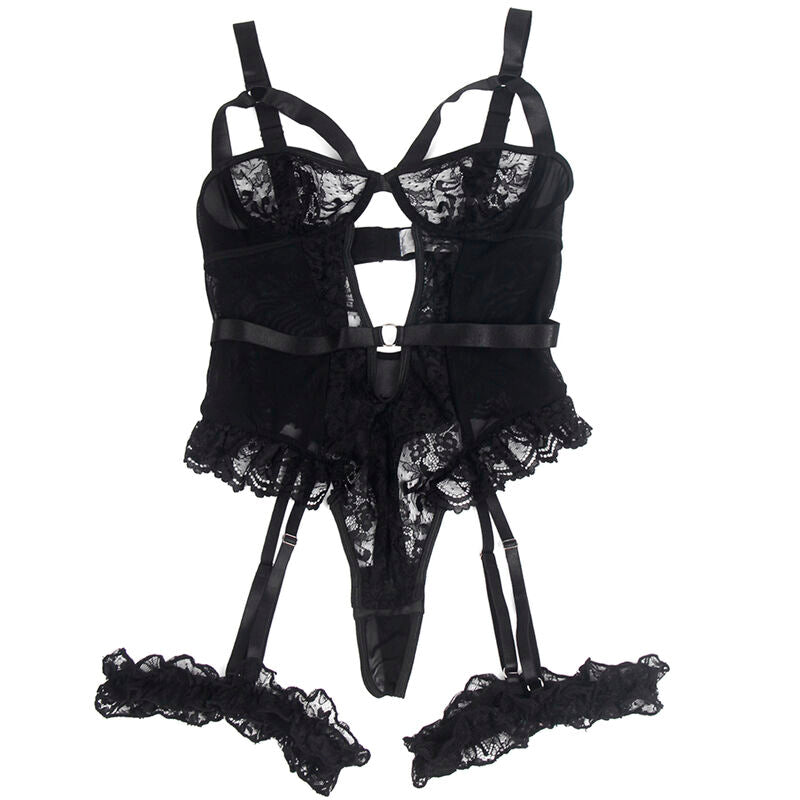 Subblime - Teddy mit Strumpfhalter, Spitzendetails und Riemen Schwarz L/XL