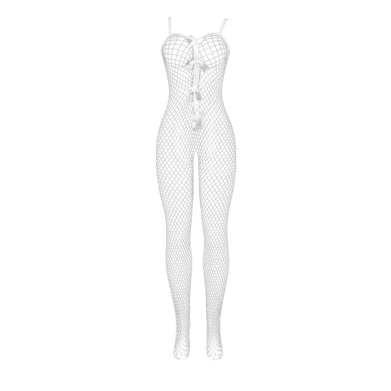 Subblime - 951740 Bodystocking Netz-Look Weiß Schrittfrei mit Schleifen Einheitsgröße