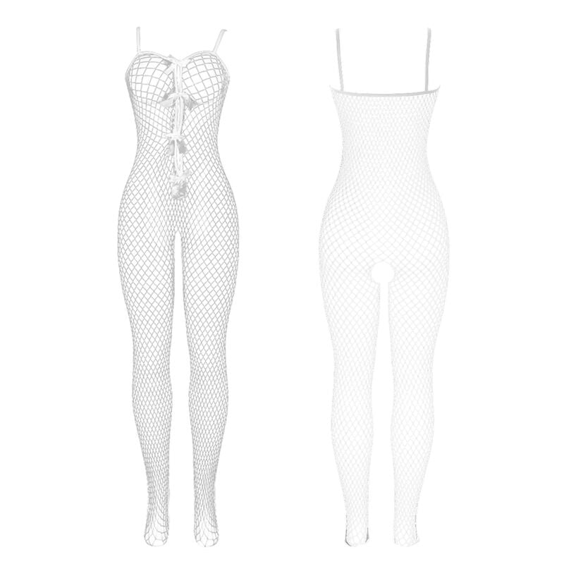 Subblime - 951740 Bodystocking Netz-Look Weiß Schrittfrei mit Schleifen Einheitsgröße