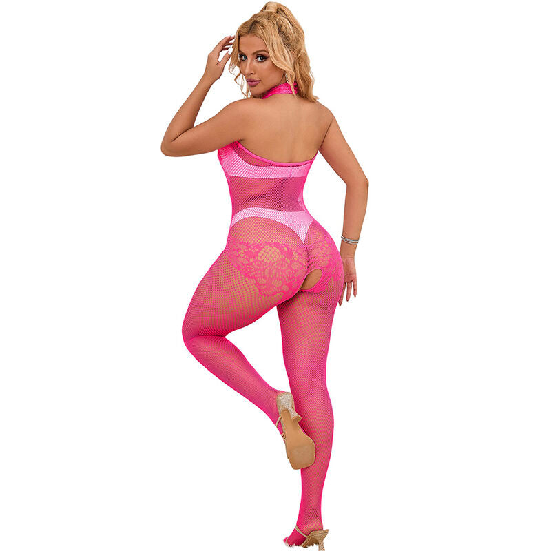 Subblime - 952389 Netz-Bodystocking mit Spitze, ohne Schritt und mit Stehkragen, Rosa, Einheitsgröße