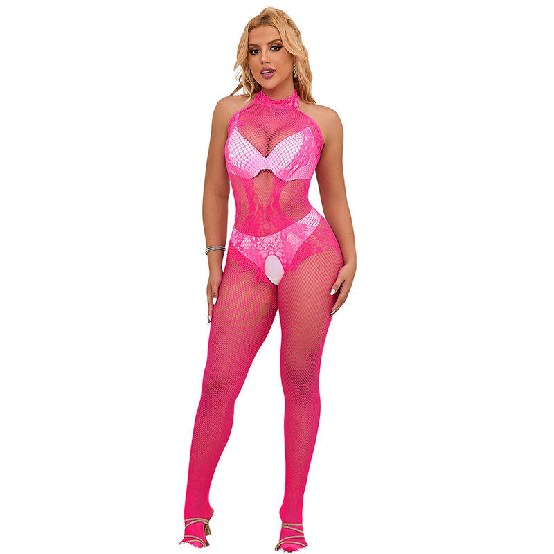 Subblime - 952389 Netz-Bodystocking mit Spitze, ohne Schritt und mit Stehkragen, Rosa, Einheitsgröße