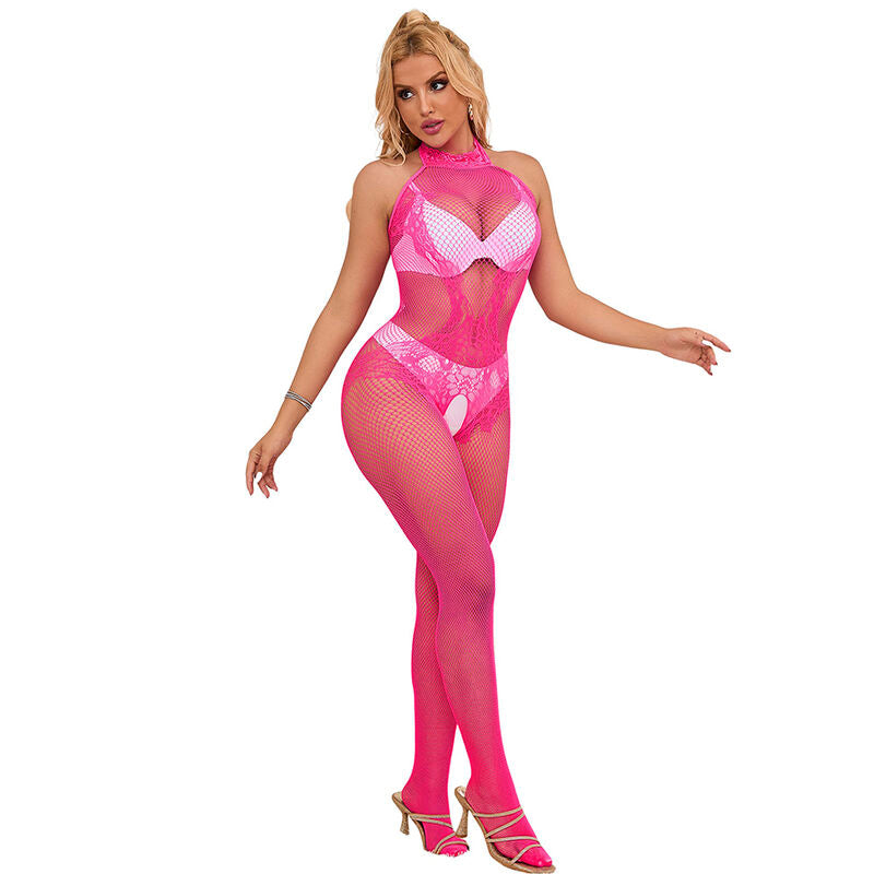 Subblime - 952389 Netz-Bodystocking mit Spitze, ohne Schritt und mit Stehkragen, Rosa, Einheitsgröße