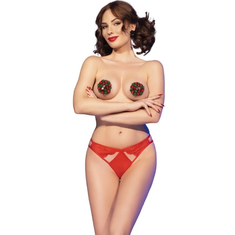 Chilirose - Cr 4839 Weihnachts-Set Brustwarzen-Abdeckungen + Slip Rot L/XL