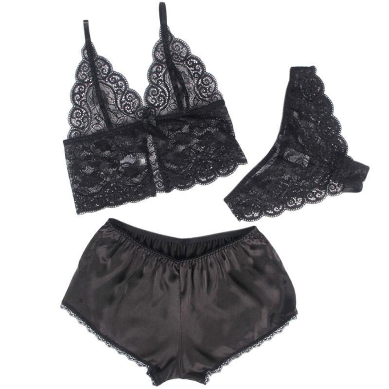 Subblime - 953911 Camisola de Seda e Renda + Calcinha Preta S/M