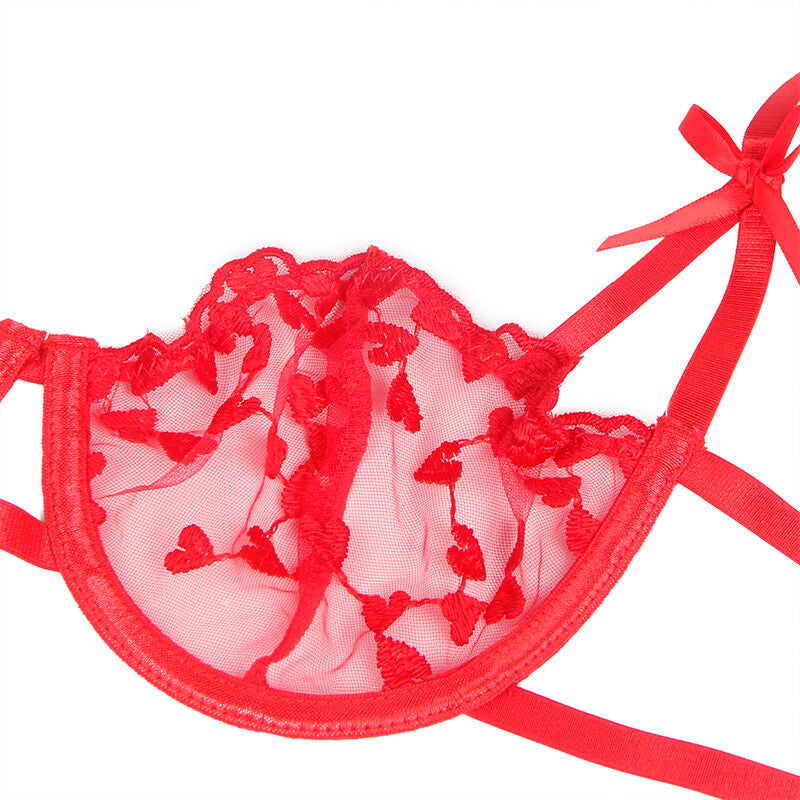 Subblime - 954321 Sutiã com Estampa de Coração + Tanga + Cinto-Liga Vermelho S/M