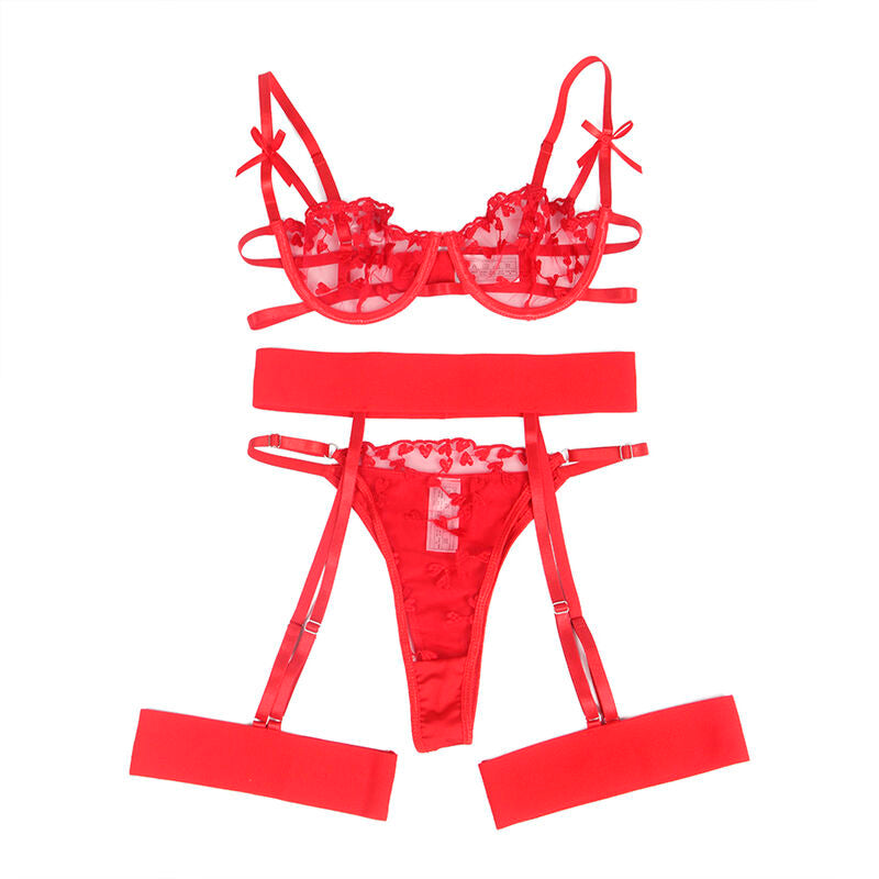 Subblime - 954321 Sutiã com Estampa de Coração + Tanga + Cinto-Liga Vermelho S/M