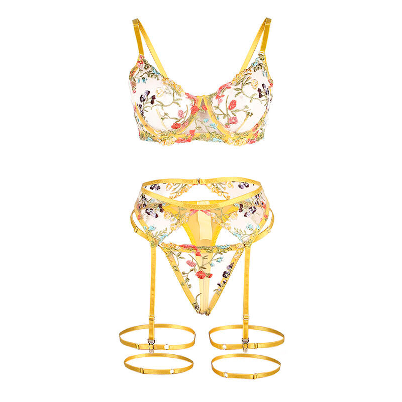 Subblime - 954345 BH + Tanga + Strumpfhalter Gelbes Blumendesign S/M