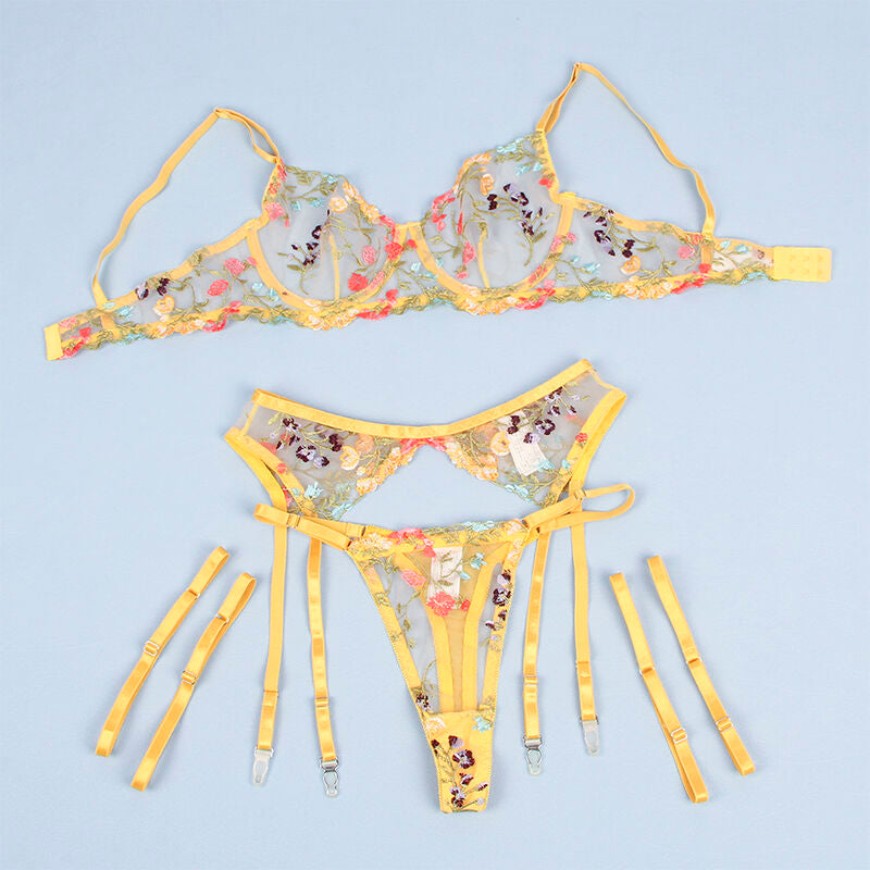 Subblime - 954345 BH + Tanga + Strumpfhalter Gelbes Blumendesign S/M