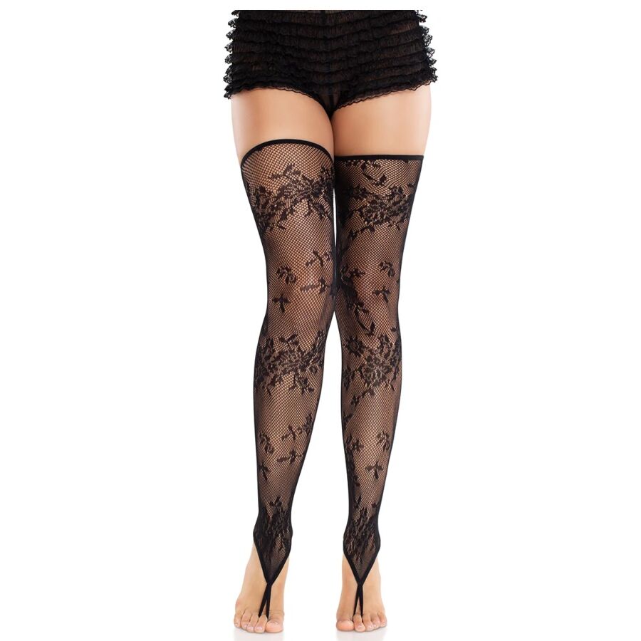 Leg Avenue – Spitzen-Fußlose Strümpfe mit Blumenmuster in Schwarz