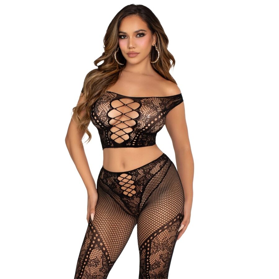 Leg Avenue - Netz-Crop-Top und Leggings mit Cut-out-Schultern Schwarz