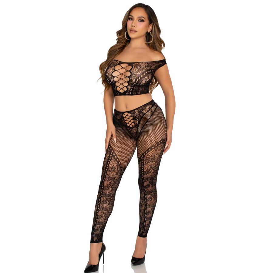 Leg Avenue - Netz-Crop-Top und Leggings mit Cut-out-Schultern Schwarz