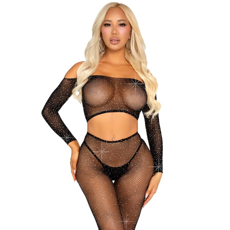 Leg Avenue - Netz-Crop-Top und -Leggings mit Schnürung Schwarz
