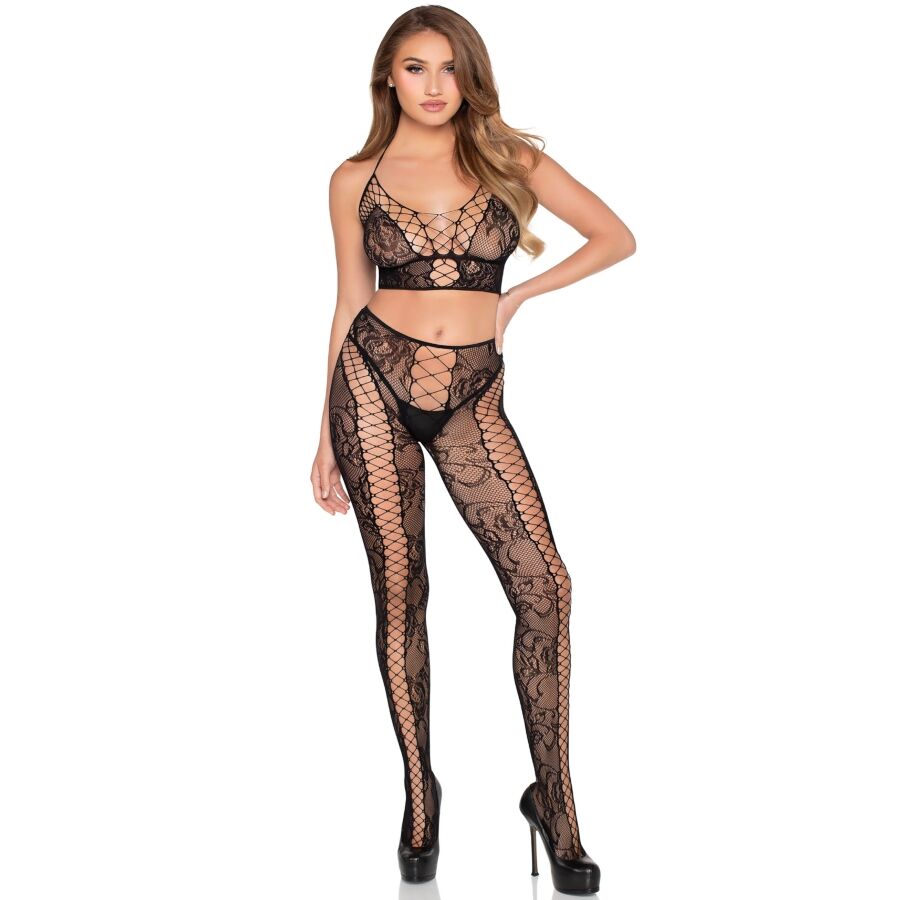 Leg Avenue - 89368 Top Cropped de Renda e Tule Preto - Tamanho Único