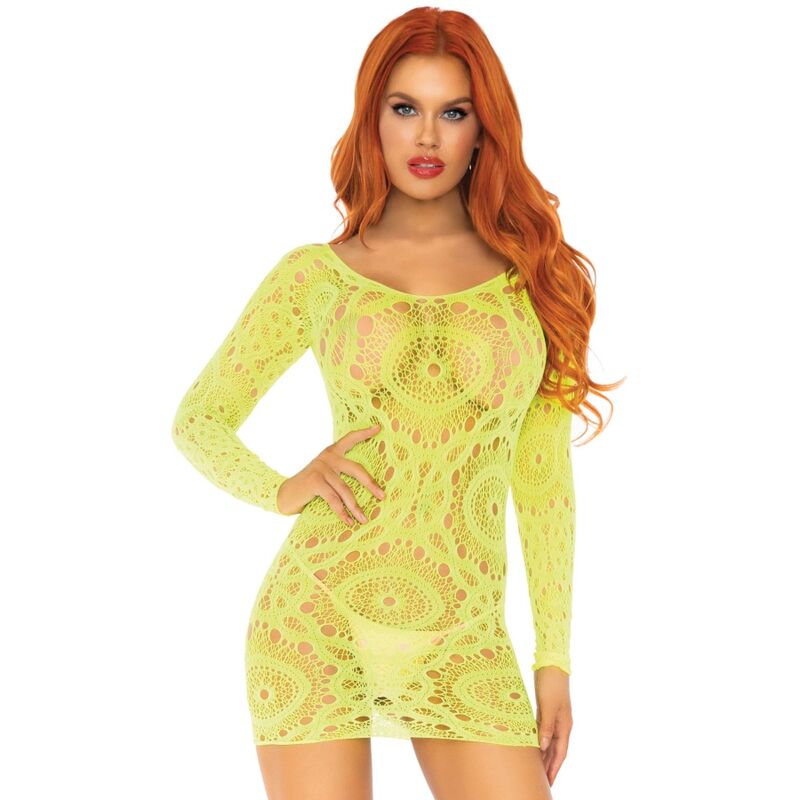 Leg Avenue - Mini Vestido de Renda de Crochê de Manga Comprida Neon Tamanho Único